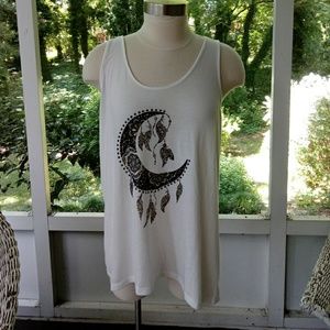 Boho! Moon & feathers metallic print open back top